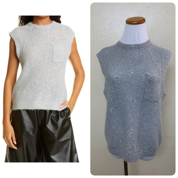 ATM Womens Sequin Crew Neck Knit Sweater Vest SMALL Gray Fog Alpaca Wool Blend - Picture 1 of 10